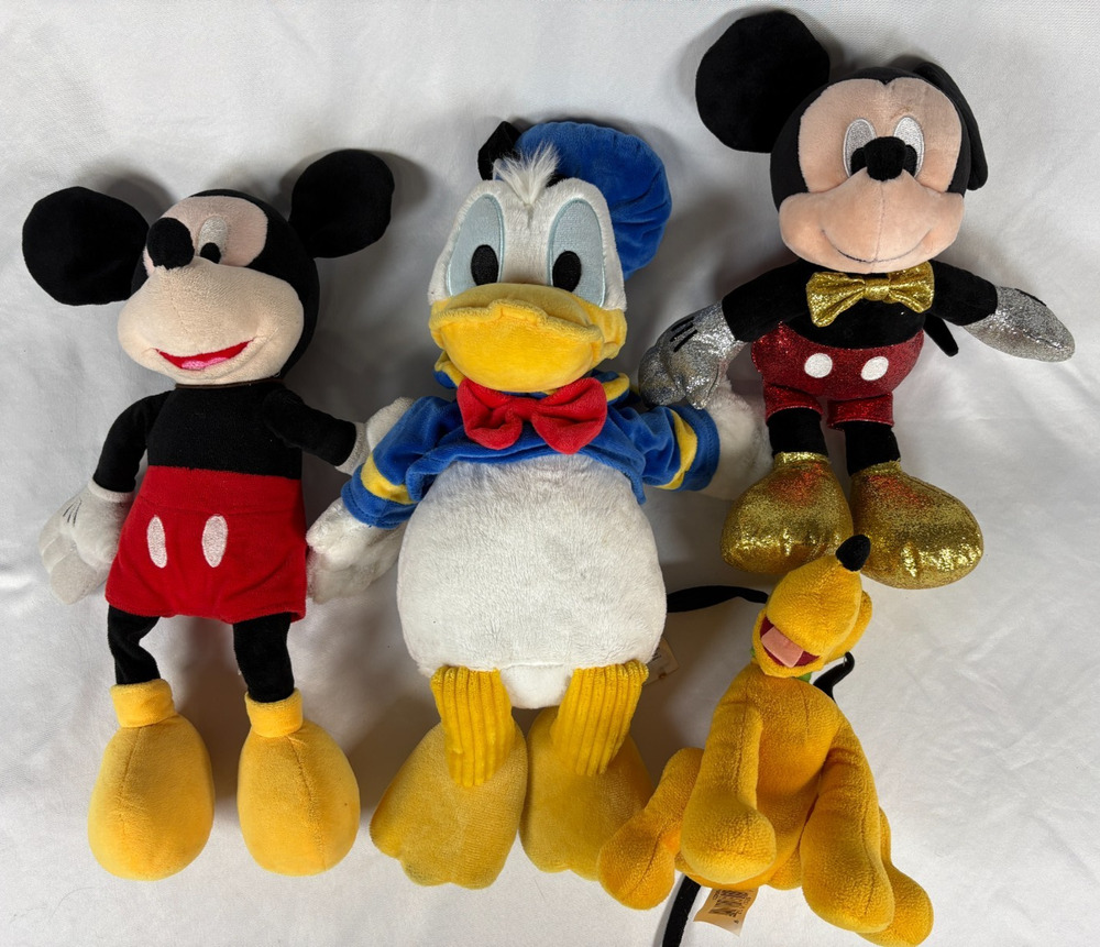 Disney Plush Lot Mickey Mouse Donald Duck Pluto Sparkle 4 Pc Set Used